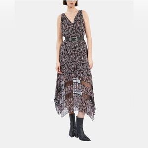 The Kooples NWT BLACK AND PINK PAISLEY PRINT PLEATED LONG DRESS W/ Lace Detail